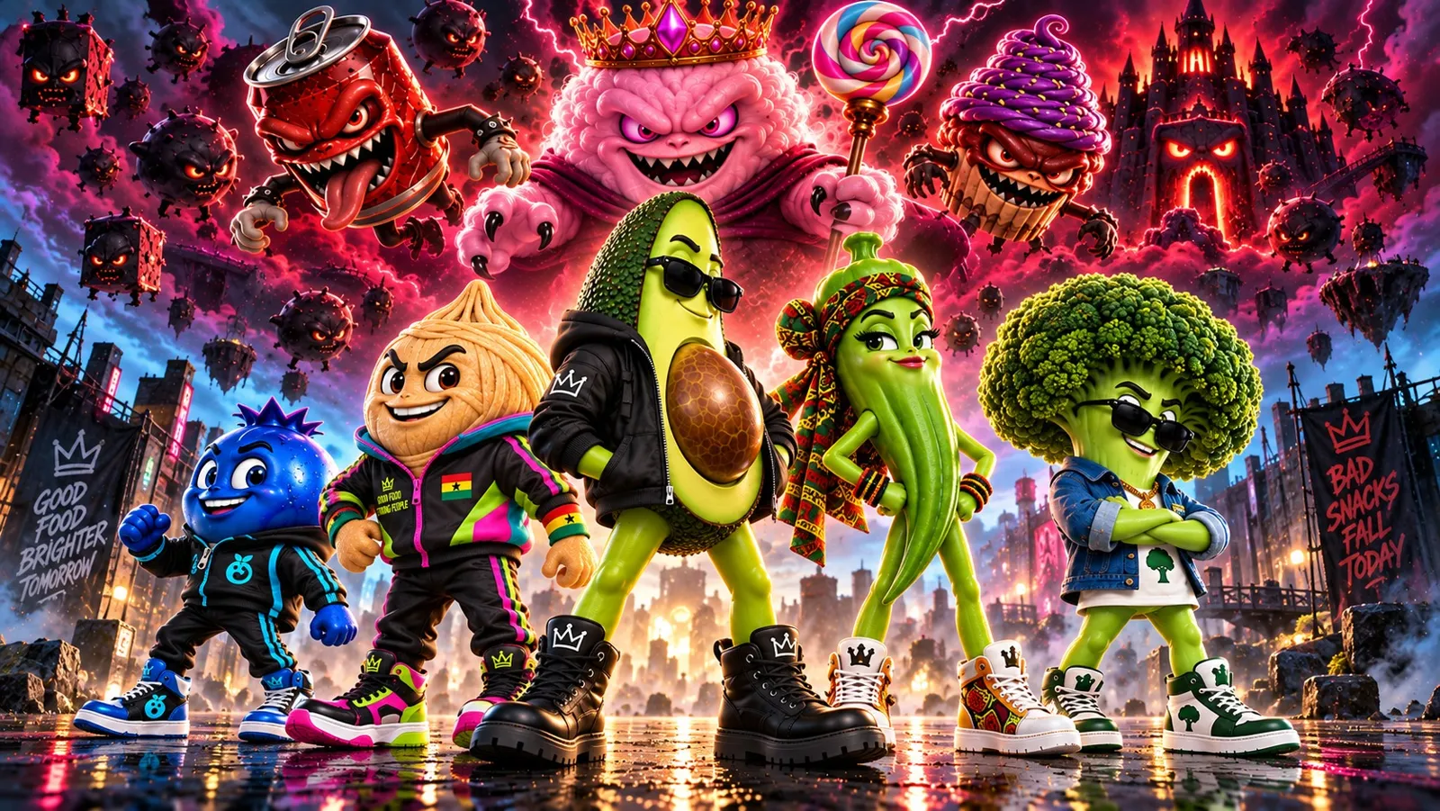 Mina’s Quest key art: Avi, Kojo, Berry, Ama and Brocco march against Sir Fizz and the sugar villains