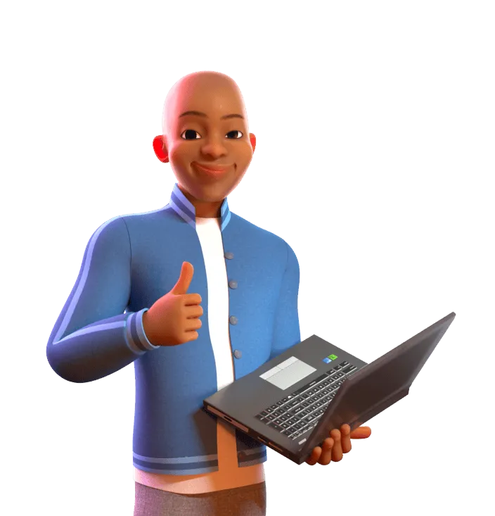 3D character holding a laptop