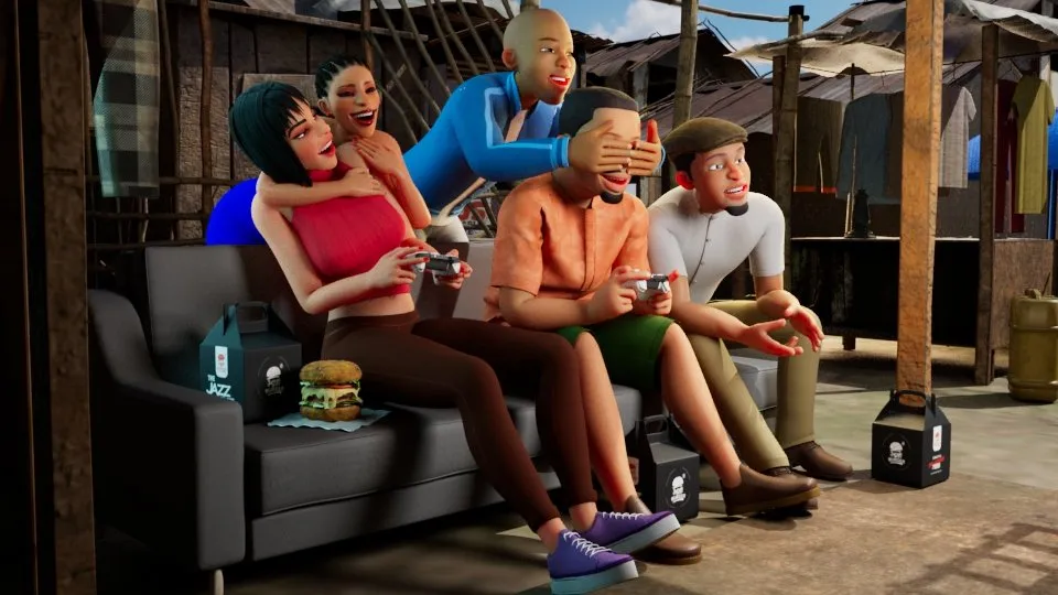 3D render: friends gaming in a lounge
