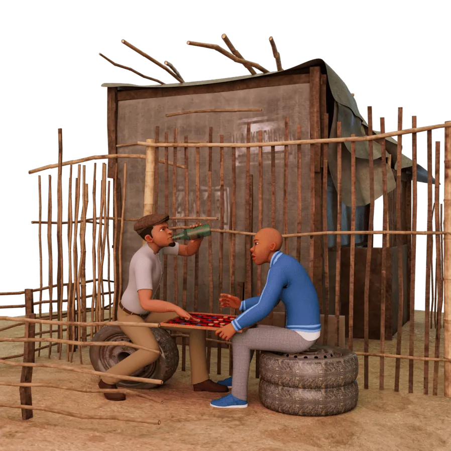 3D render: two characters in a village shack